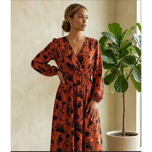 SHEIN Floral Print Long Sleeve Maxi Dress XL  With V-Neck In Burnt Orange & Blac